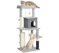 PawHut Cat Tree for Indoor Kittens, 132cm Cat Tower with Scratching Posts and Pad, Bed, House, Jumping Platform, Grooming Brush, Toy Balls, Anti-Tip Kit, Cat Climbing Frame, Light Grey