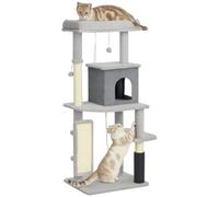 PawHut Cat Tree for Indoor Kittens with Scratching Posts 132cm Light Grey | Pad, Bed, House, Jumping Platform, Grooming Brush, Toy Balls, Anti-Tip Kit, Cat Tower, Kitten Climbing Frame