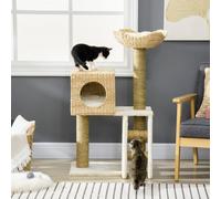 PawHut Flower Cat Tree Kitten Tower with Scratch Post House Bed, Natural