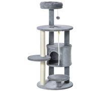 PawHut Cat Tree Tower, 112cm, with Jute Scratching Post, Perch, Hanging Ball, Teasing Rope for Climbing Kittens, Dark Grey Aosom UK