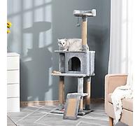 PawHut Cat Tree Tower 142cm Climbing Kitten Activity Center with Scratching Post Board Perch Roomy Condo Removable Felt Hanging Toy, Grey Aosom UK