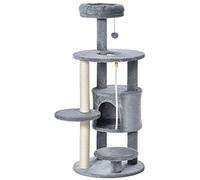 PawHut Cat Tree Tower for Indoor Cats 112cm Climbing Kitten Activity Center with Jute Scratching Post Perch Hanging Ball Toy Teasing Rope Dark grey