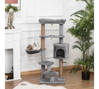 PawHut Cat Tree Tower for Indoor Cats 120cm Climbing Kitten Activity Center with Jute Scratching Post Perch Hanging Ball Hammock Teasing Rope Condo Toy Light Grey