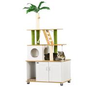 PawHut Cat Tree with Hidden Litter Box Enclosure, 2-in-1 Green Leaf Cat Tower, Litter Box Furniture with House, Ladder, Scratching Posts, Platforms, for Indoor Use - Oak Wood