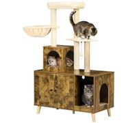 PawHut Cat Tree with Litter Box Enclosure, 2-in-1 Cat Tower for Indoor Cats with Cat House, Scratching Post, Hammock, Cushion, Rustic Brown Brown