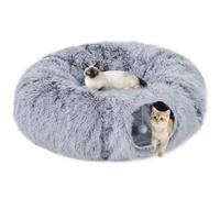 PawHut Cat Tunnel for Indoor Cats, 90cm Large Donut Play Tunnel Bed with Washable Cushion, Toy Ball and Door Hole, Pet Play Rabbit Tube Toy, Light Grey