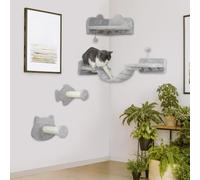 PawHut Cat Wall Shelves 4 Piece Wall-Mounted for Indoor Cats Light Grey | Kitten Tree, Steps, Ladder, Jumping Platforms, Scratching Posts, Toy Ball