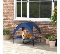 PawHut Cooling Raised Dog Bed, Elevated Pet Bed with Breathable Mesh, UV Protection Canopy, Foot Pads, for Indoor Outdoor, Medium, Large Dogs, 91 x 76 x 89cm - Dark Blue Blue