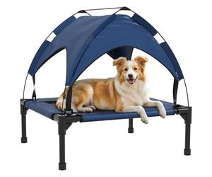 PawHut Cooling Raised Dog Bed, Elevated Pet Bed with Breathable Mesh, UV Protection Canopy, Foot Pads, for Indoor Outdoor, Small, Medium Dogs, 76 x 61 x 69.5cm - Dark Blue
