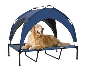 PawHut Cooling Raised Dog Bed for Large Dogs 106 x 76 x 94cm Dark Blue | Elevated Pet Bed, Breathable Mesh, UV Protection Canopy, Foot Pads, for Indoor Outdoor