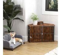 PawHut Corner Dog Crate Furniture, Dog Kennel Side End Table TV Stand with Two Bowls, Feeding Door, for Small, Medium Breeds, Rustic Brown Brown