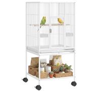 PawHut Detachable Bird Cage on Wheels, for Finches, Parakeets, Budgies, Budgie Cage, Parrot Aviary with Accessories, Storage Shelf - White