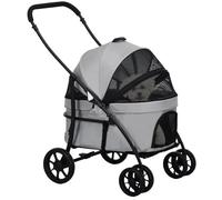 PawHut Dog and Cat Stroller 2 in 1 Folding Trolley for Cats Puppies with Removable Carrycot, Cushion, Safety Leash, Up to 10 kg, Steel 81 x 68 x 98.5 cm, Grey