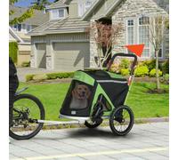 PawHut Dog Bike Trailer Dog Stroller 2 in 1 Foldable with Aluminium Frame, Quick-Release Wheels, Safety Leash, Anti-Slip Mat, Hitch Coupler, Reflectors, Flag, for Medium Dogs - Green Green