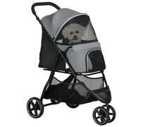 PawHut Dog Buggy Stroller, Foldable Cat Pet Stroller, 2 Leashes, EVA Wheels, Adjustable Handlebar, Basket, 83 x 55 x 101 cm, Grey
