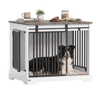 Pawhut Dog Crate Furniture 80 cm Double Door for Medium Breeds White | Wooden Dog Crate, Sliding Barn Door, Indoor Kennel End Table, Anti-Chew Steel Puppy Cage