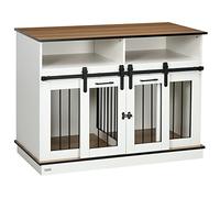 PawHut Dog Crate Furniture, Dog Cage End Side Table for 1 Large Dog or 2 Small Pets, with Movable Divider, Shelves, Sliding Doors, 120 x 60 x 88.5cm, White