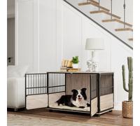 PawHut Dog Crate Furniture, Dog Cage End Table Indoor with 3 Doors, Furniture Style Dog Crate with Soft Washable Cushion, for Large Dogs, 100L x 60W x 68Hcm Brown