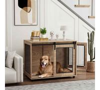 PawHut Dog Crate Furniture, Dog Cage End Table with Sliding Door, Pet Kennel for Large Breeds, 98 x 60 x 78cm, Walnut Brown Brown