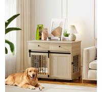 PawHut Dog Crate Furniture, Dog Cage w/ Wheels, 2 Drawers, Sliding Door, Oak