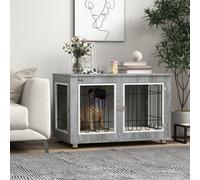PawHut Dog Crate Furniture, Dog Crate End Table w/ Soft Cushion, Double Door - Grey - Particleboard, steel, Oxford cloth (100% polyester) - 1