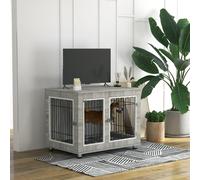 Pawhut Dog Crate Furniture, Dog Crate End Table W/ Soft Cushion, Double Door - Grey Grey