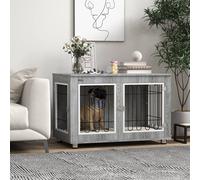 PawHut Dog Crate Furniture, Dog Crate End Table w/ Soft Cushion, Double Door - Grey - Particleboard, steel, Oxford cloth (100% polyester) - 1
