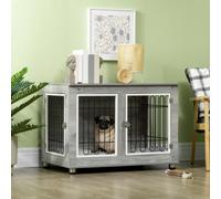 Pawhut Dog Crate Furniture End Table W/ Soft Cushion, Double Door In Grey Grey