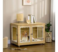 PawHut Dog Crate Furniture End Table w/ Soft Cushion - Double Door - Oak Tone | TJ Hughes Grey