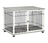 PawHut Dog Crate Furniture End Table w/ Soft Washable Cushion, Lockable Door - Grey - Chipboard, Plush, Steel, Polyester Wadding - 1