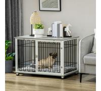 PawHut Dog Crate Furniture End Table w/ Soft Washable Cushion, Lockable Door