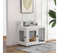 PawHut Dog Crate Furniture End Table w/Soft Washable Cushion, Two Doors, Indoor Pet Kennel for Small Medium Large Dogs w/Wire Mesh, White