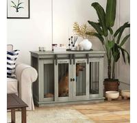 PawHut Dog Crate Furniture for Large Dog, Double Dog Cage for Small Dogs with Divider, Sliding Doors - Oak Tone Grey