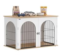 PawHut Dog Crate Furniture, Indoor Dog Cage with Double Doors for Large Breeds, Pet Kennel End Side Table with Arched Door Design, 100 x 60 x 69 cm, White
