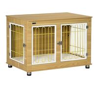 PawHut Dog Crate Furniture, Indoor Dog Kennel Side End Table with Soft Washable Cushion, Double Doors, for Medium and Large Breeds, 90 x 58 x 65 cm, Oak Tone