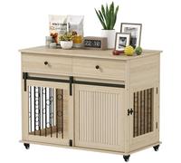 PawHut Dog Crate Furniture on Wheels, Dog Cage with 2 Drawers, Sliding Door, Indoor Kennel End Side Table for Medium Large Breeds, Oak Tone