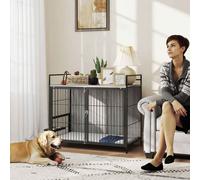 PawHut Dog Crate Furniture with 2 Rotatable Bowls, Dog Crate End Table with 2 Anti-Escape Doors, Storage Shelf, for Large Dogs, 100 x 60 x 88 cm, Grey Grey