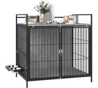 PawHut Dog Crate Furniture with 2 Rotatable Bowls, Dog Crate End Table with 2 Anti-Escape Doors, Storage Shelf, for Medium Dogs, 80 x 56 x 76.5 cm, Grey