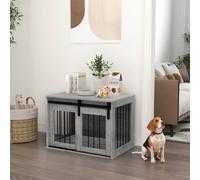 PawHut Dog Crate Furniture, Large Dog Cage with Barn Door for Medium Breeds, End Side Table Pet Kennel with Removable Cushion for Indoor Use, 80 x 54 x 57cm, Grey