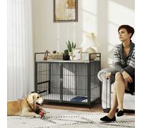 PawHut Dog Crate Furniture with Rotating Bowl Holder for Medium Dogs, Grey - 100W x 60D x 88H cm - Particle Board, Steel - Grey