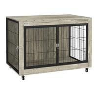 PawHut Dog Crate Furniture with Wheels, Double Doors, for Large Dogs, 100 x 60 x 73.5cm, Grey