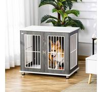 PawHut Dog Crate Wooden Pet Kennel Cage End Table w/ Lockable Door for Small Medium Dog Grey & White 85 x 55 x 75 cm Grey