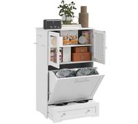 PawHut Dog Feeding Station with 2 Storage Cabinets, Dog Food Storage Cabinet with 2 Raised Bowls, Side Hooks, Anti-tip Kit for Water and Feeding Supplies, White