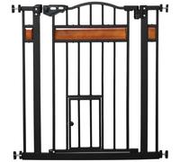 PawHut Dog Gate with Cat Flap Pet Safety Gate, Auto Close Double Locking Pine Wood Decoration, for Doorways Stairs Indoor, 74-80 cm Wide, Black Black
