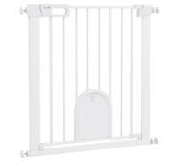 PawHut Dog Gate with Cat Flap Stair Pressure Fit Auto Close 75-82 cm White