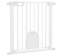 PawHut Dog Gate with Cat Flap Stair Pressure Fit Auto Close 75-82 cm White | Pet Safety Gate Barrier, Double Locking, for Doorways, Hallways