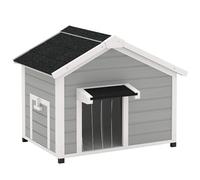 PawHut Dog House Wooden Dog Kennel Bed Outdoor with Openable Asphalt Roof, Removable Floor, Door Curtain, Elevated Feet, for Medium Breeds, Light Grey