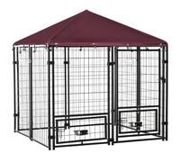 PawHut Outdoor Dog Kennel with Rotating Bowl Holders, Dog Run with Water and UV-Resistant Cover for Medium & Small Dogs, Red
