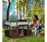 PawHut Dog Pen, Pet Playpen, Portable Foldable Dog Cat Playpen Soft Pet Cage with Storage Bag for Puppies, Rabbits, Kittens, Guinea Pigs, 94 x 74 x 60cm - Brown Brown