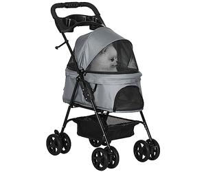 PawHut Dog Pram Dog Stroller Foldable Pet Pushchair with 4 Wheels, Safety Leashes, Cup Holder for Small Dogs, Grey